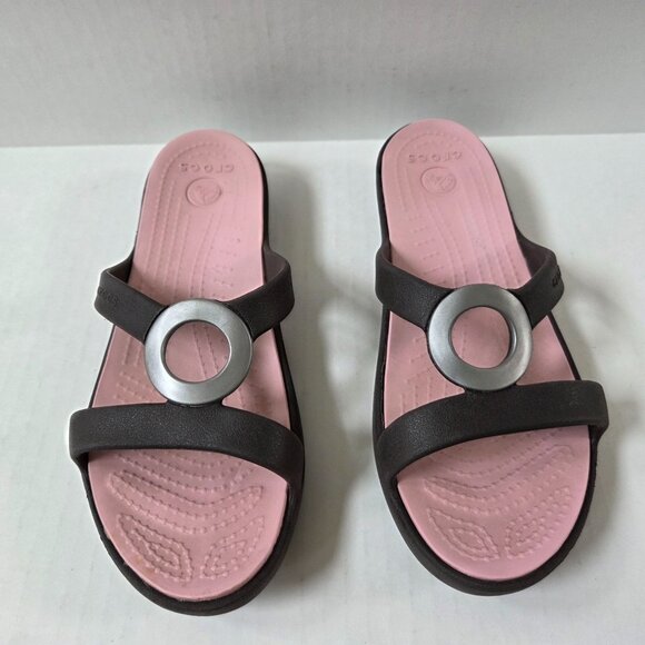 Crocs Sanrah Circle Slides Womens 6 Brown Pink Slip On Sandals - Picture 1 of 9